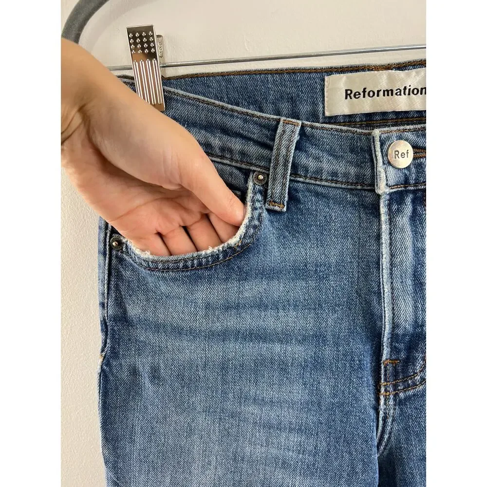 REFORMATION Blue Kasai Wash Mid-Rise Raw Hem Slim Denim Jeans Size 26